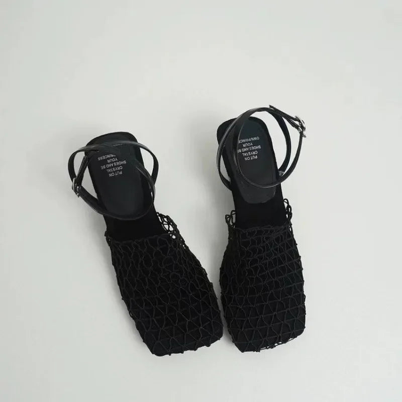 Braided Mesh Heeled Sandals with Square Toe and Ankle Strap, Women's Fallon