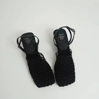 Braided Mesh Heeled Sandals with Square Toe and Ankle Strap, Women's Fallon