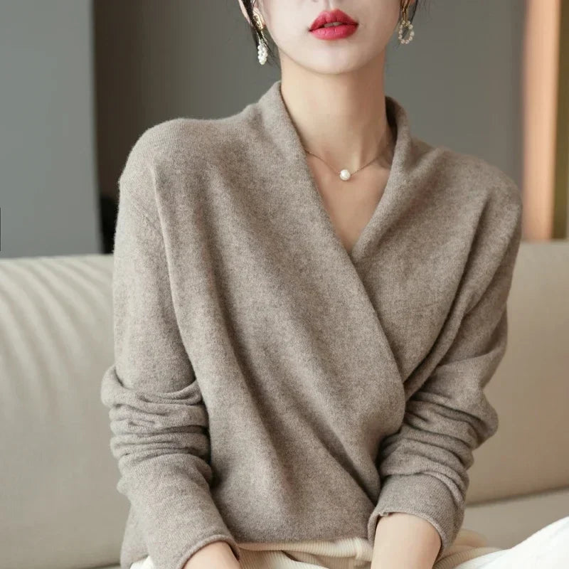 V-Neck Wrap Sweater in Soft Cashmere Knit with Relaxed Minimalist Fit for Effortless Layering