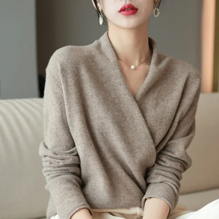 V-Neck Wrap Sweater in Soft Cashmere Knit with Relaxed Minimalist Fit for Effortless Layering