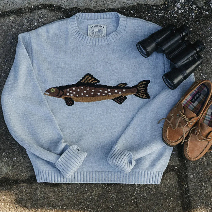 Half-Zip Wool-Blend Sweater with Intarsia Fish Motif, Ribbed Cuffs, and Relaxed Oversized Fit
