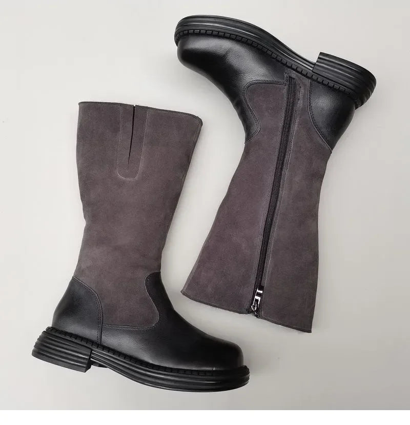 Shearling Riding Boots in Premium Leather-Look with Wool Lining and Side Zipper, Brown