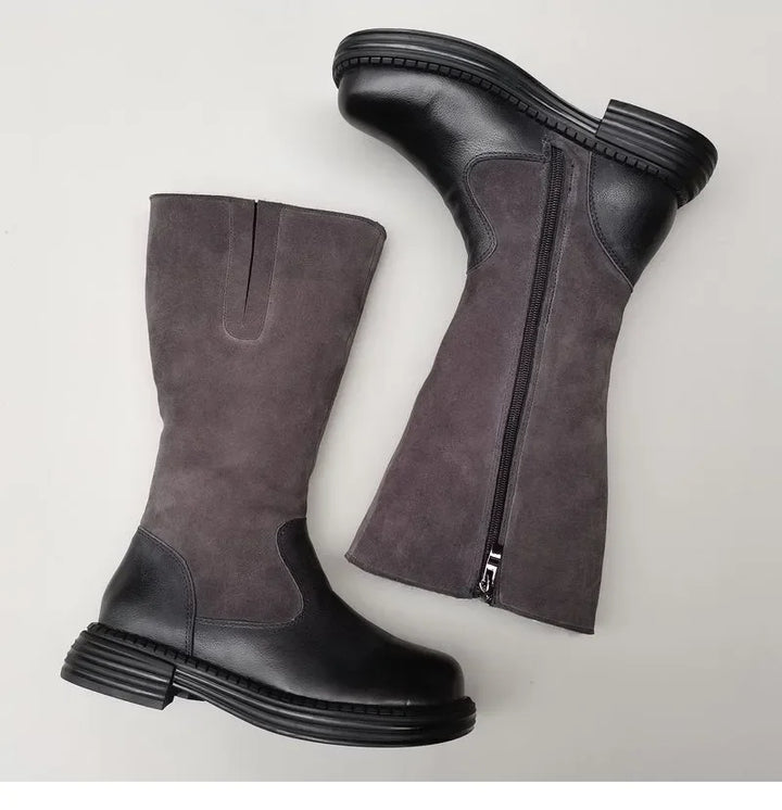 Shearling Riding Boots in Premium Leather-Look with Wool Lining and Side Zipper, Brown