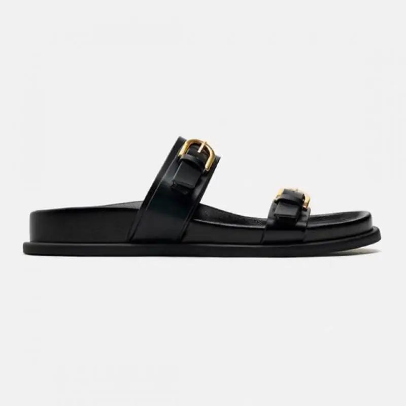 Slide Sandals in Smooth Leather with Adjustable Double Buckle Straps and Flexible Sole