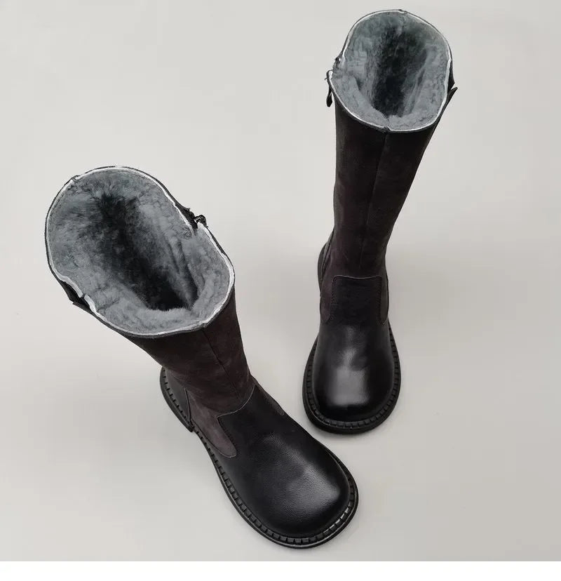 Shearling Riding Boots in Premium Leather-Look with Wool Lining and Side Zipper, Brown