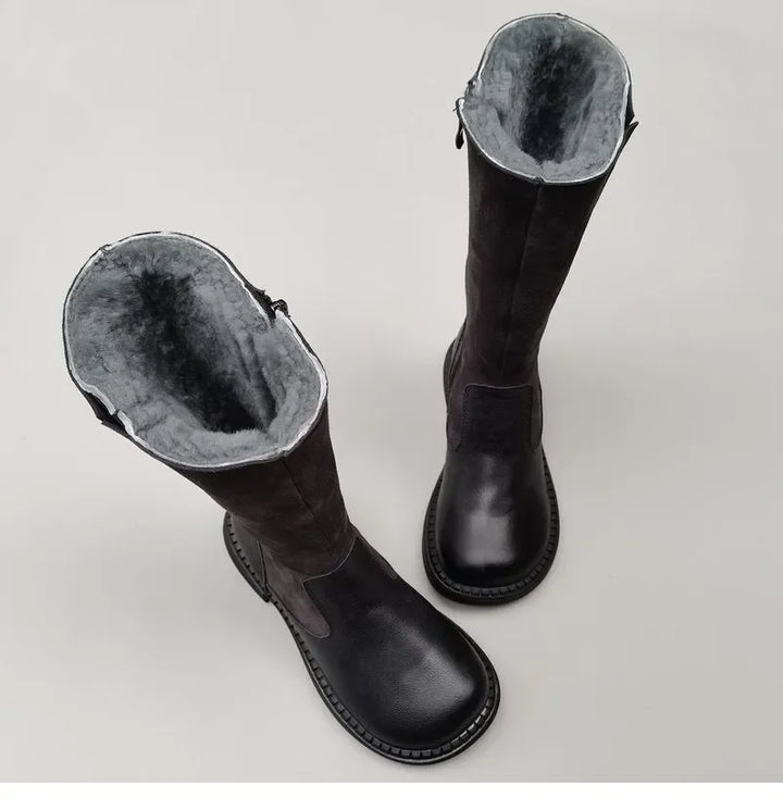 Shearling Riding Boots in Premium Leather-Look with Wool Lining and Side Zipper, Brown