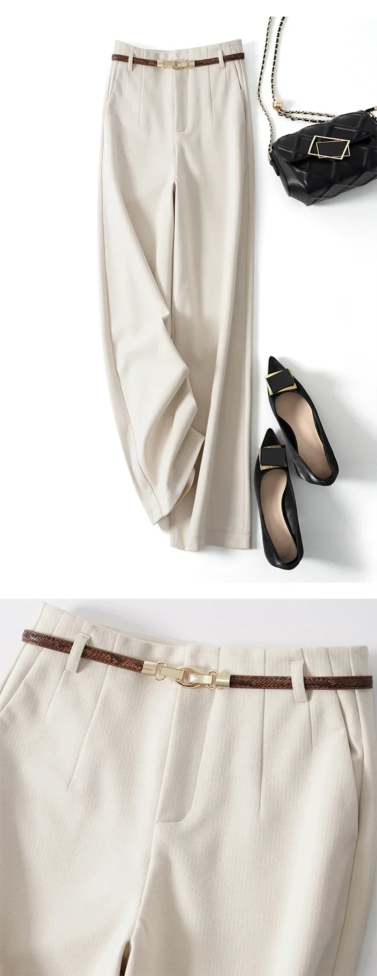 Wide Leg Wool Blend Trousers with High-Waist Fit, Tailored Crease, and Matching Belt