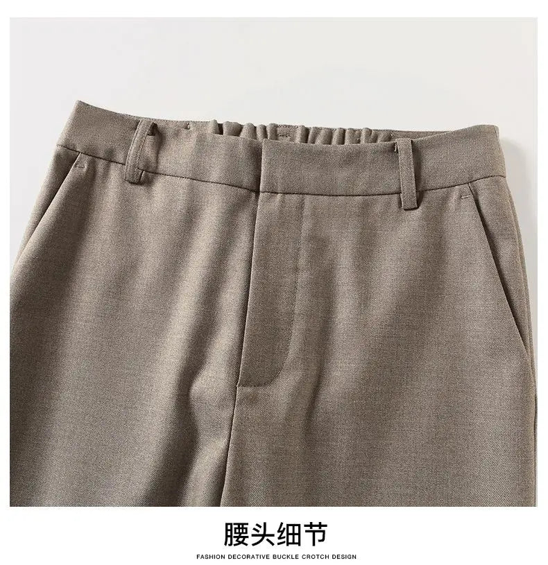 High-Waist Trousers with Elastic Waistband, Ankle-Length Slim Tailored Fit in Gray