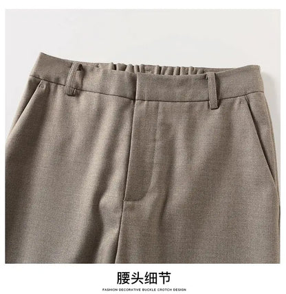 High-Waist Trousers with Elastic Waistband, Ankle-Length Slim Tailored Fit in Gray