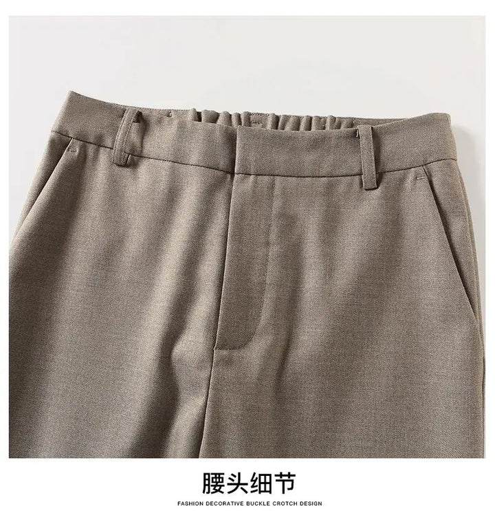 High-Waist Trousers with Elastic Waistband, Ankle-Length Slim Tailored Fit in Gray