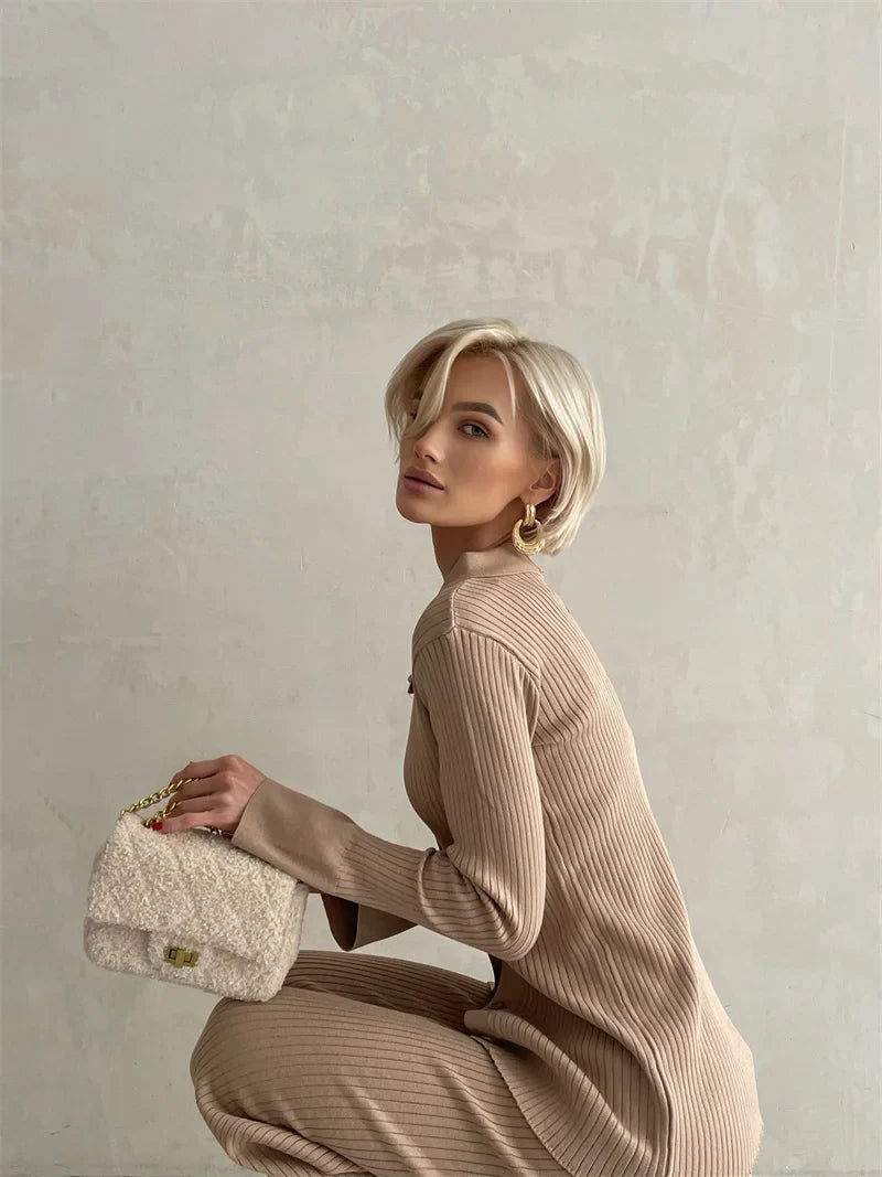 Off-Shoulder Loungewear Knit Set with Soft Flowing Fabric and Relaxed Fit in Camel