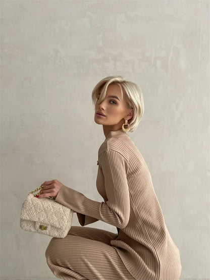 Off-Shoulder Loungewear Knit Set with Soft Flowing Fabric and Relaxed Fit in Camel