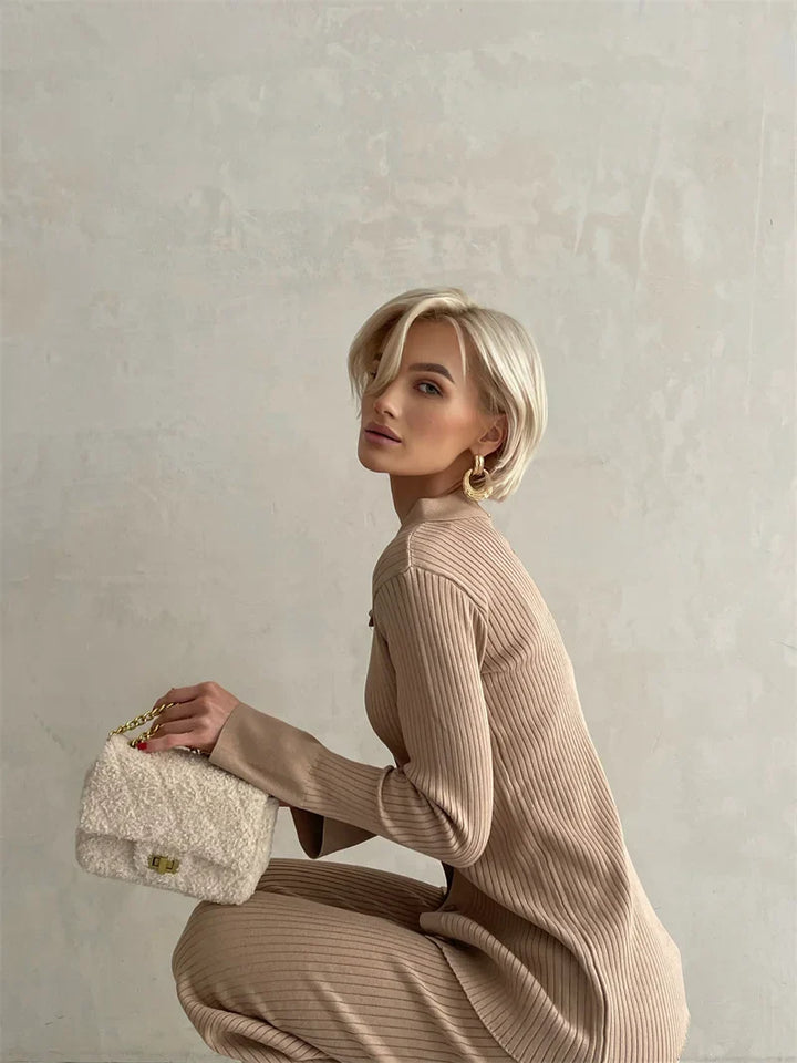 Off-Shoulder Loungewear Knit Set with Soft Flowing Fabric and Relaxed Fit in Camel