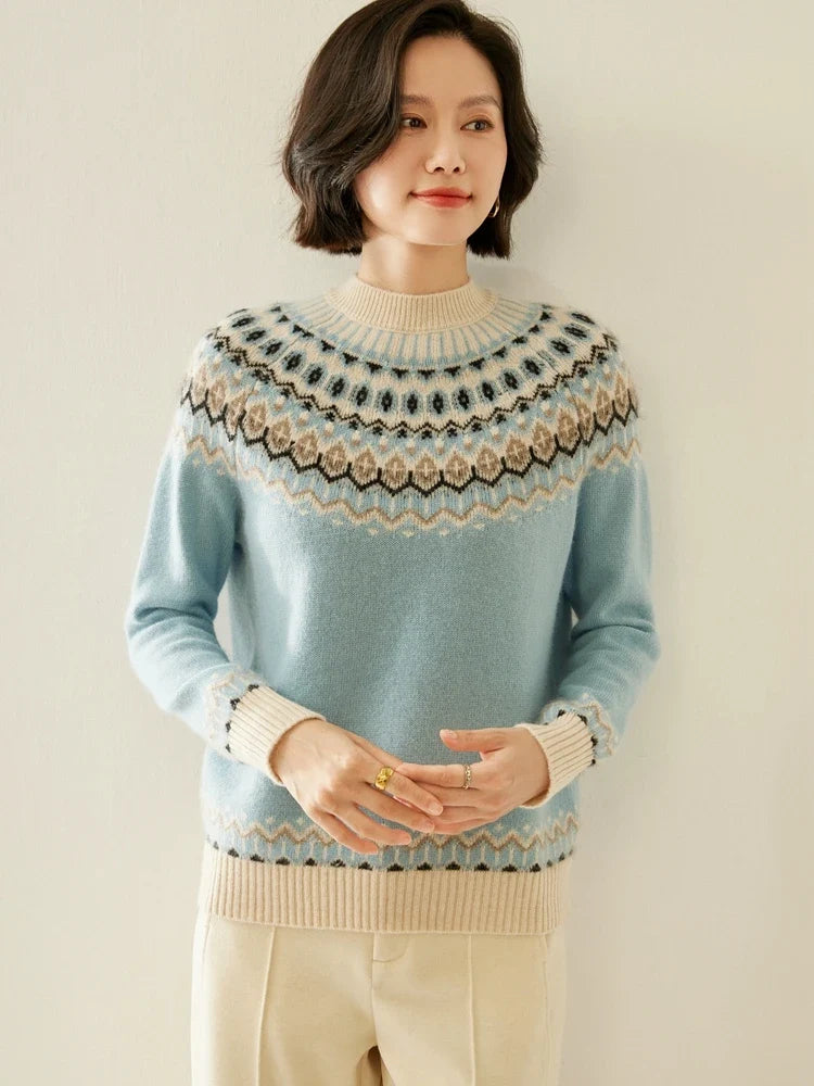 Fair Isle Jacquard Mock Neck Sweater in Cashmere-Soft Knit, Camel Colorway