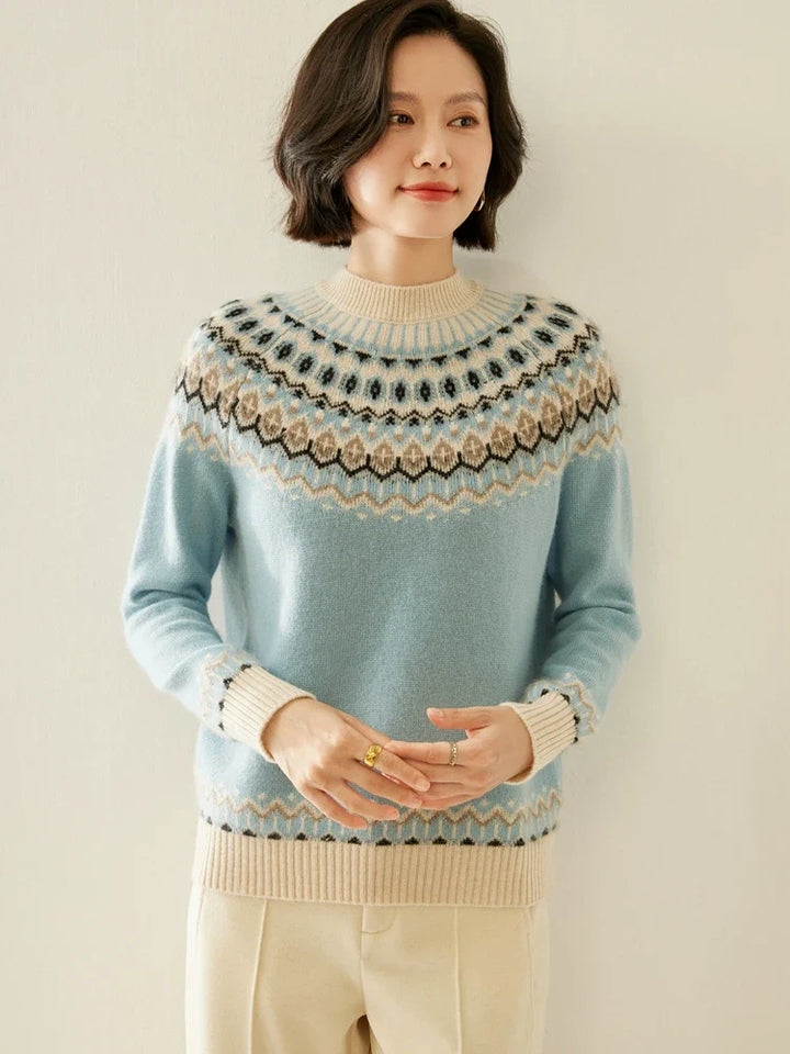 Fair Isle Jacquard Mock Neck Sweater in Cashmere-Soft Knit, Camel Colorway