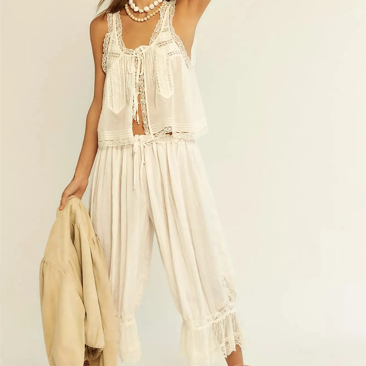 Lace-Trim Cotton Two-Piece Set with Tank Top and Wide-Leg Drawstring Pants