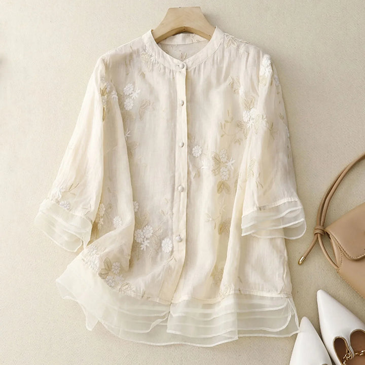Cotton Blouse with Sheer Double Cuffs and Botanical Embroidery, Flowing Vintage-Inspired Fit