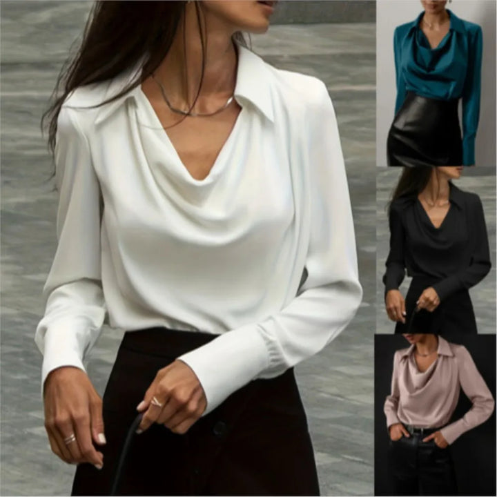 Long Sleeve Blouse with Draped Cowl Neckline, Silk-Blend Satin Finish and Button Cuffs