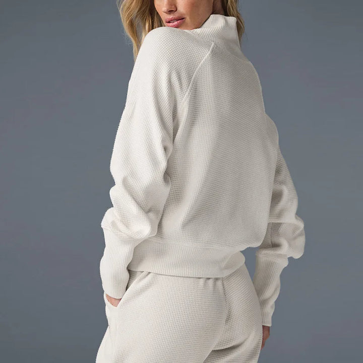 Waffle Knit Loungewear Set for Women, Soft Cotton Blend Top and Pants in White
