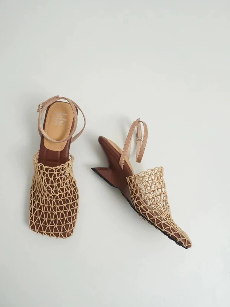 Braided Mesh Heeled Sandals with Square Toe and Ankle Strap, Women's Fallon