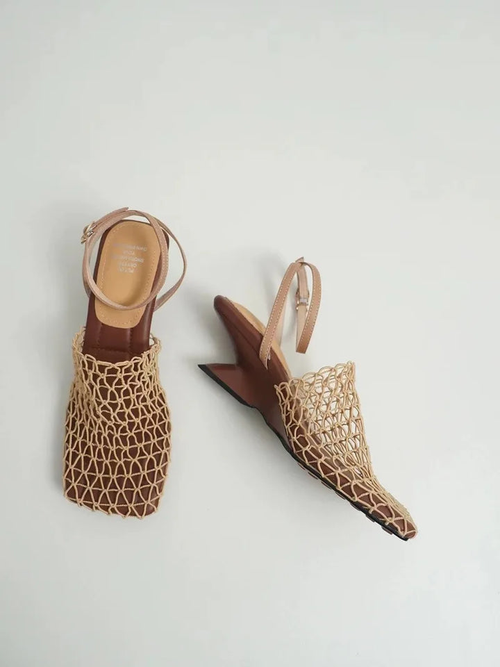 Braided Mesh Heeled Sandals with Square Toe and Ankle Strap, Women's Fallon