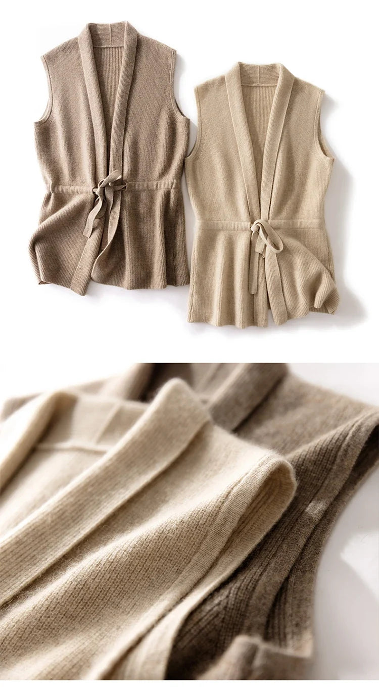 Merino Wool and Cashmere Blend Knit Vest with Adjustable Waist Tie and Slim Fit