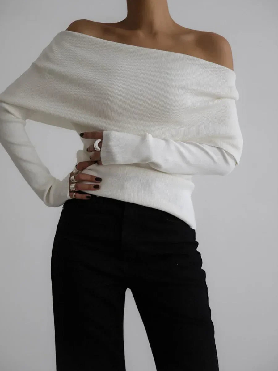 Off-Shoulder Sweater Top with Hand-Knitted Texture and Slim, Body-Skimming Fit