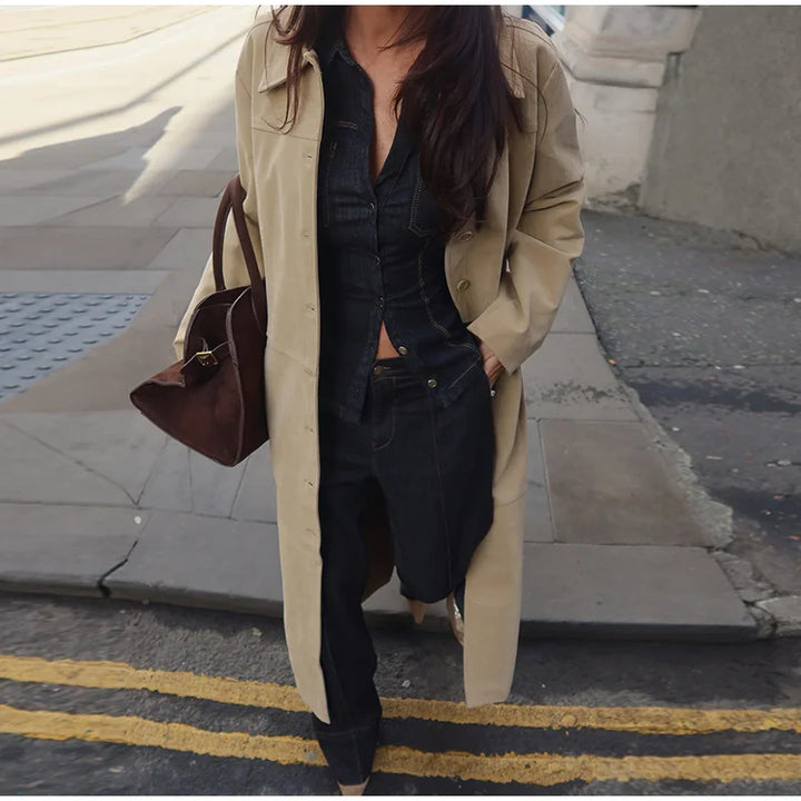 Denim Two-Piece Set with Tailored Button Jacket, Wide-Leg Pants, and Gold Hardware