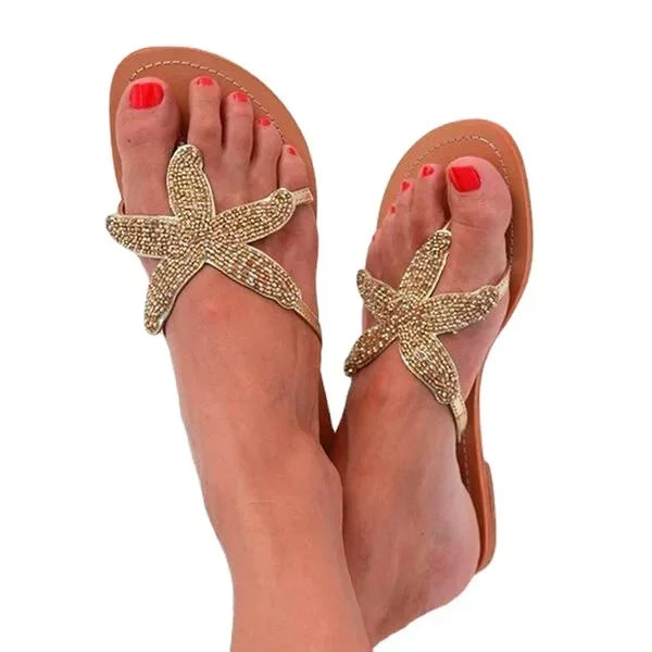 Starfish Beaded Slip-On Sandals with Flat Cushioned Sole in White