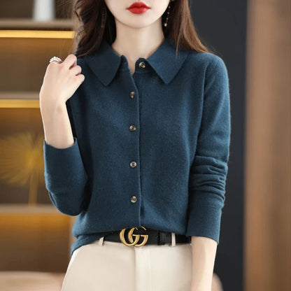 Polo Cardigan in Wool Blend with Structured Lapel and Button-Front Closure, Navy