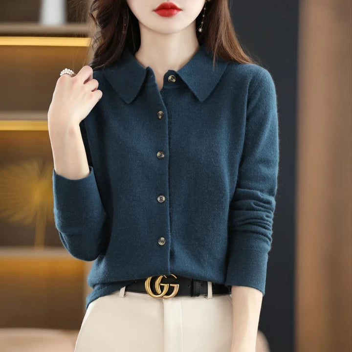 Polo Cardigan in Wool Blend with Structured Lapel and Button-Front Closure, Navy
