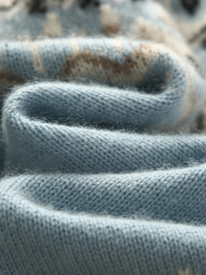 Fair Isle Jacquard Mock Neck Sweater in Cashmere-Soft Knit, Camel Colorway