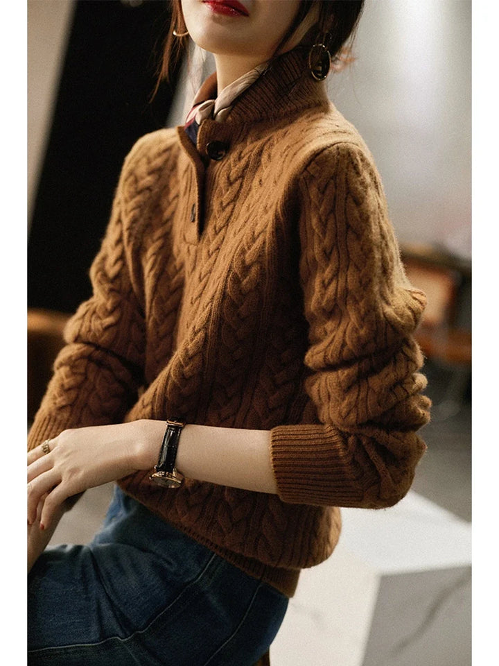 Cable-Knit Sweater with Cashmere Blend, Button-Up Stand Collar and Snug Fit