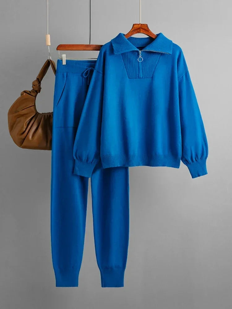 Half-Zip Knit Two-Piece Lounge Set with Elastic-Waist Pants and Soft Ribbed Texture in Peach