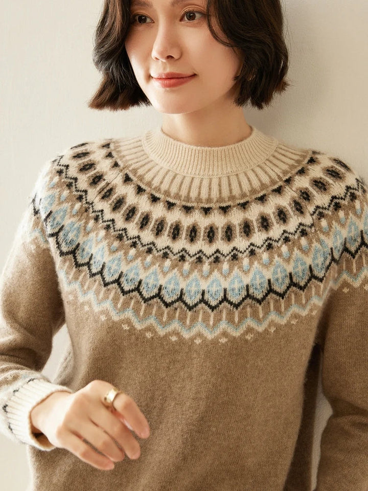 Fair Isle Jacquard Mock Neck Sweater in Cashmere-Soft Knit, Camel Colorway