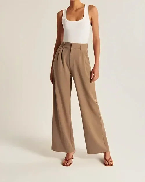 Wide-Leg Trousers with High-Waisted Tailored Fit, Cotton Blend Fabric, and Deep Pockets