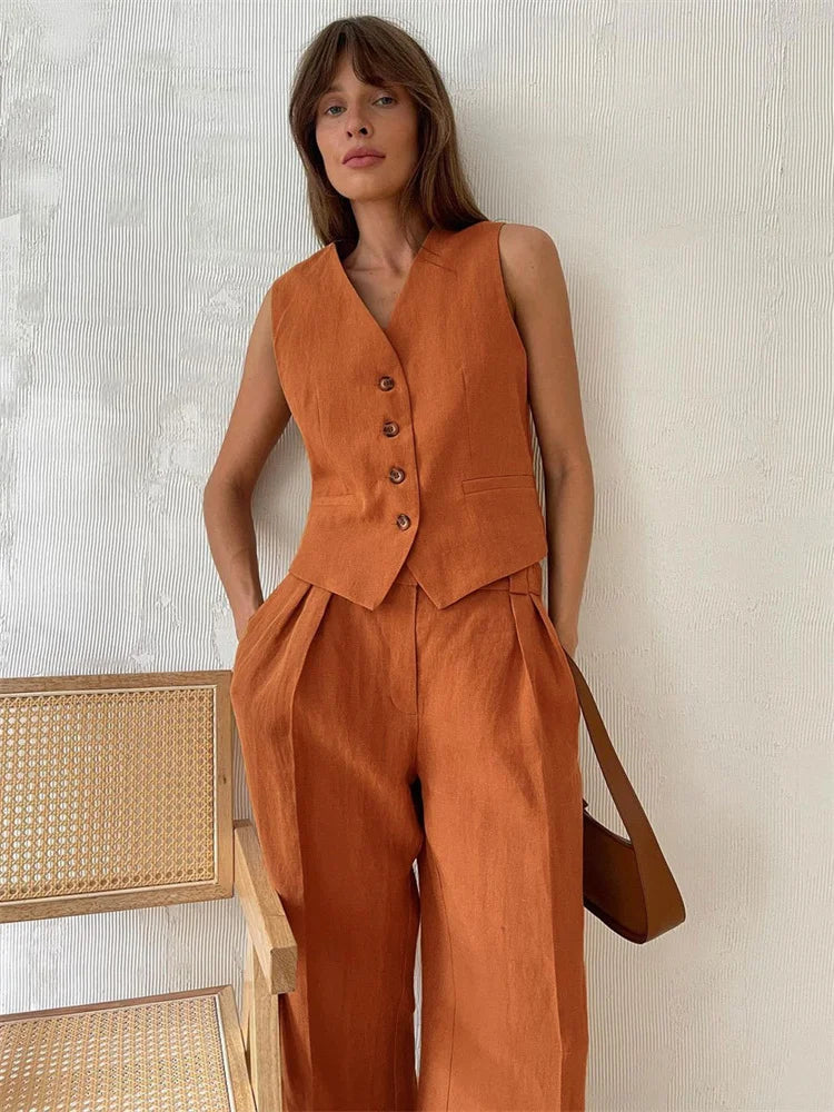 Linen Trouser Set with Buttoned Vest Top and Wide-Leg Pleated Trousers, Two-Piece Design