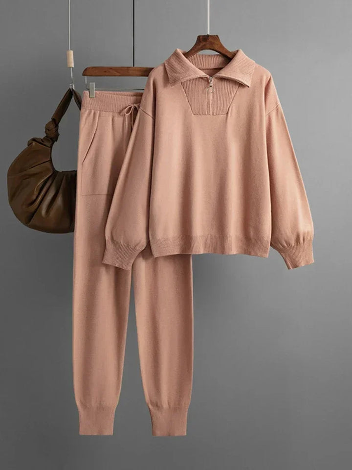 Half-Zip Knit Two-Piece Lounge Set with Elastic-Waist Pants and Soft Ribbed Texture in Peach