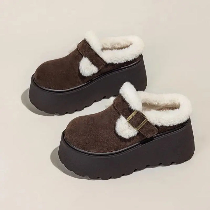Suede Platform Clogs with Shearling Lining, Adjustable Buckle Strap and Cushioned Sole