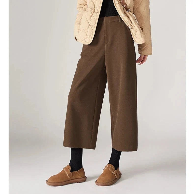 Wide Leg Wool Blend Pants with High-Waist Elastic Design and Ankle-Length Fit