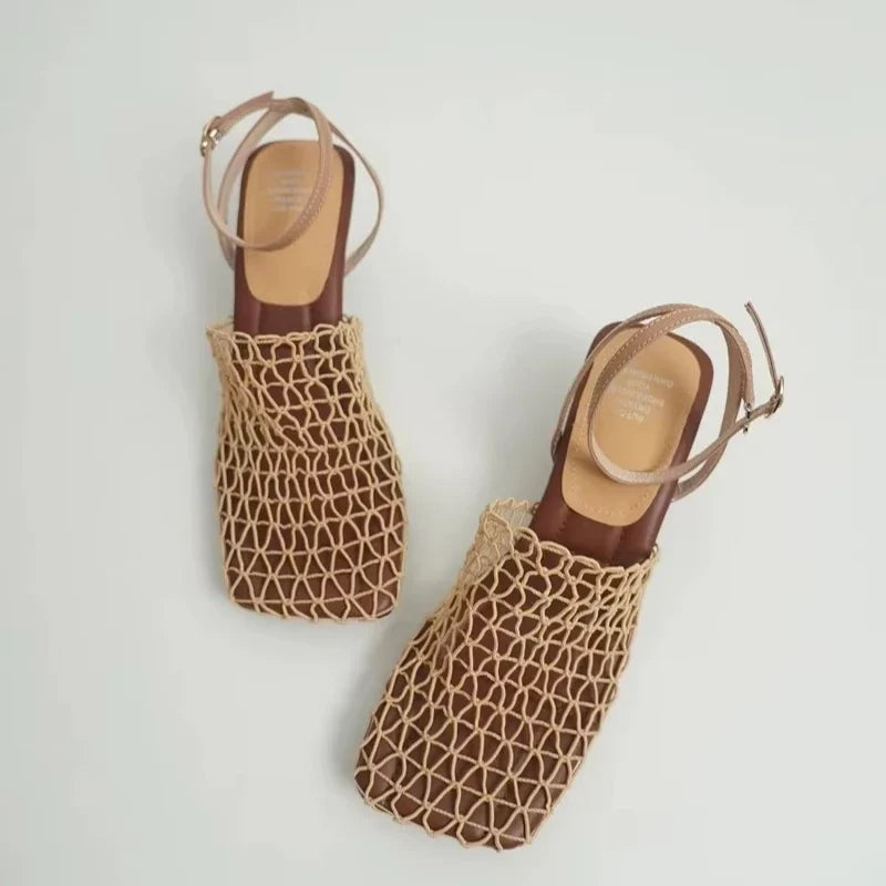 Braided Mesh Heeled Sandals with Square Toe and Ankle Strap, Women's Fallon
