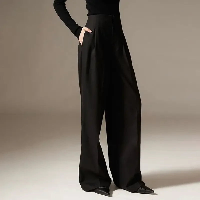 Wide Leg Draped Pants in Soft 100% Cotton with High-Waisted Elastic Fit and Tailored Silhouette