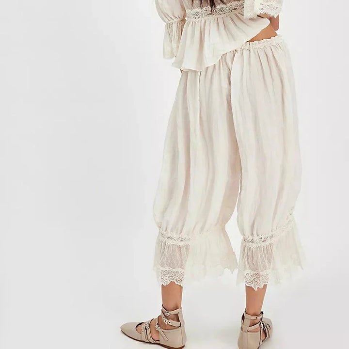 Lantern Pants with Ruffled Lace Cuffs and High-Rise Stretch Waistband in Cotton Blend