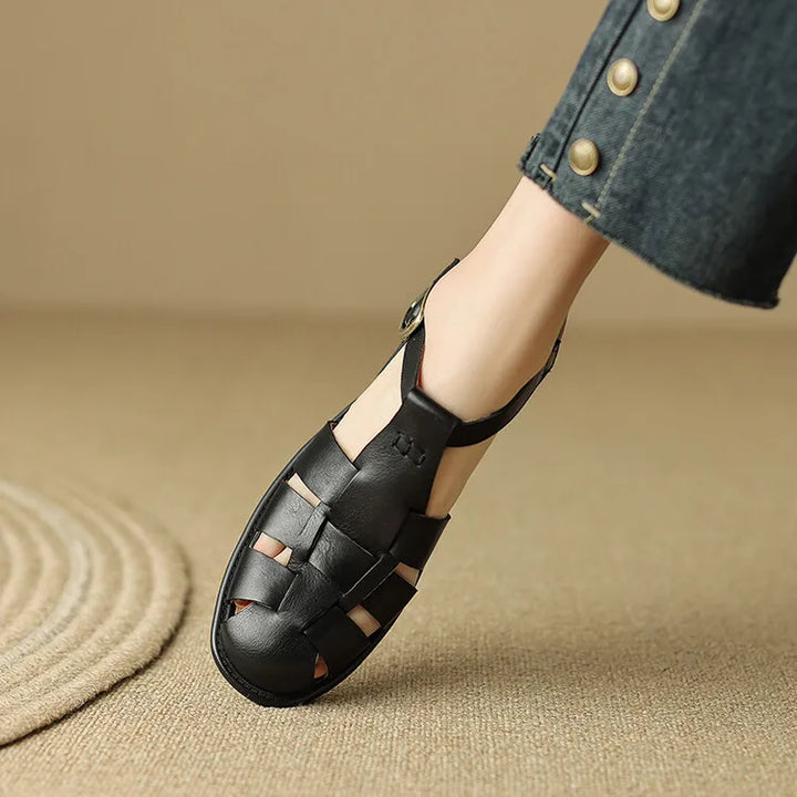 Handwoven Leather Sandals with Adjustable T-Strap Buckle and Low Stacked Heel