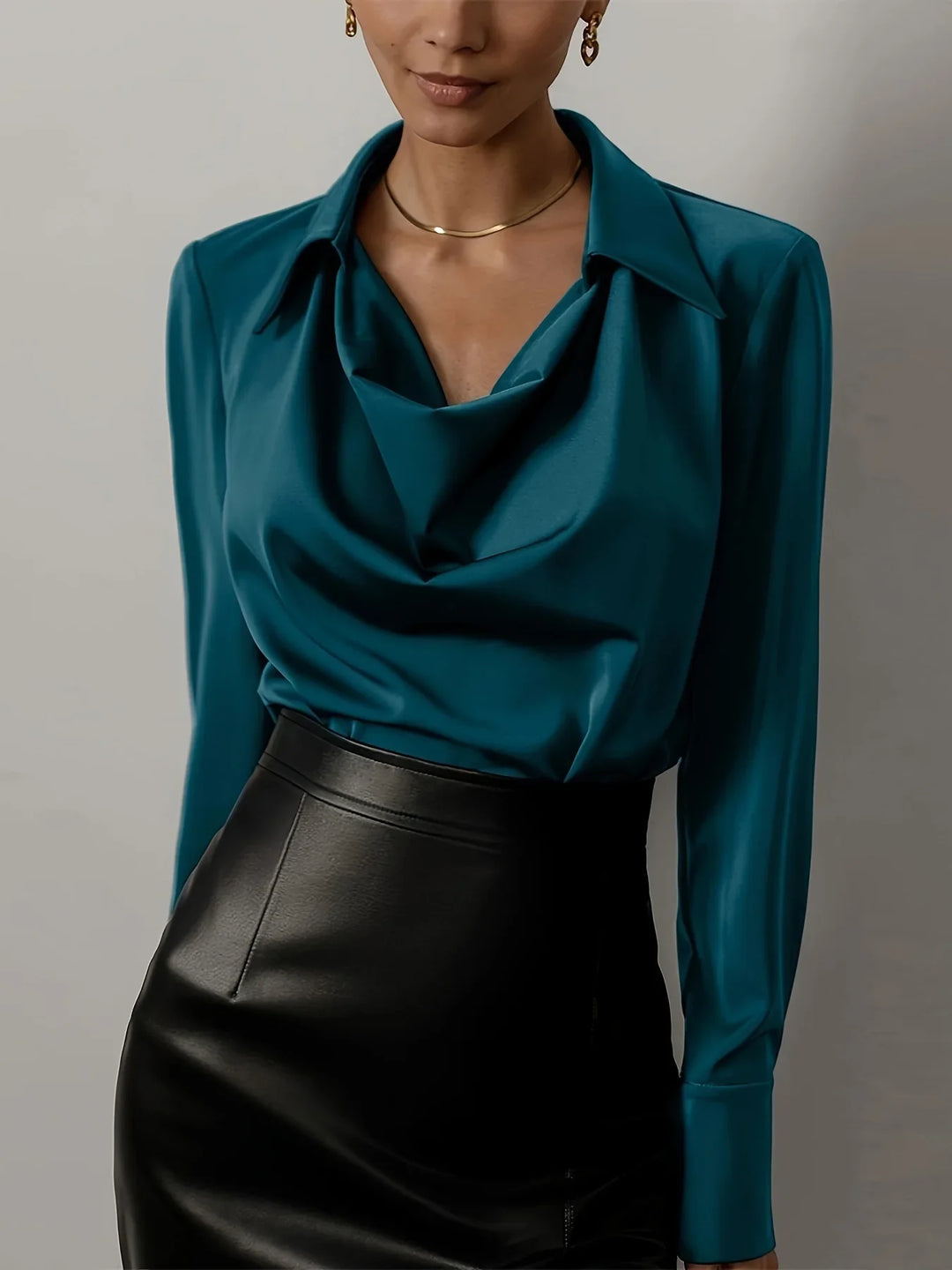 Long Sleeve Blouse with Draped Cowl Neckline, Silk-Blend Satin Finish and Button Cuffs