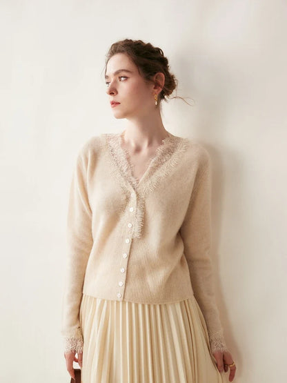 Cashmere Cardigan with Lace-Trim Detail and Relaxed Knit Fit in Khaki