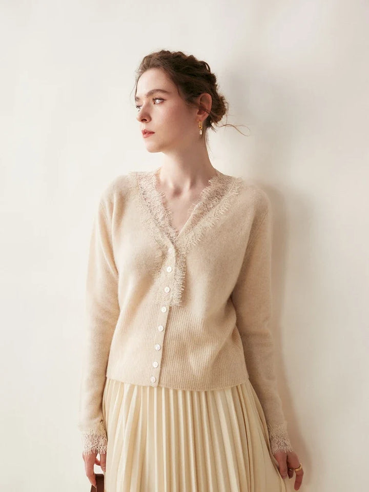 Cashmere Cardigan with Lace-Trim Detail and Relaxed Knit Fit in Khaki