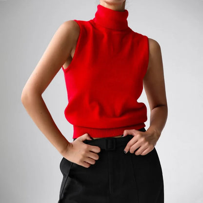 High-Neck Sweater Vest in Soft Wool-Cashmere Blend, Sleeveless Sculpted Fit with Structured Tall Neckline