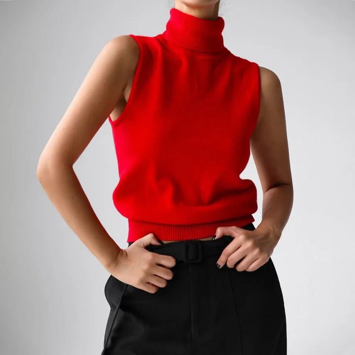 High-Neck Sweater Vest in Soft Wool-Cashmere Blend, Sleeveless Sculpted Fit with Structured Tall Neckline