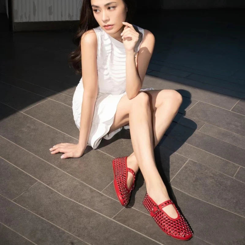 Mary Jane Flats with Crystal-Studded Leather Upper and Adjustable Ankle Strap